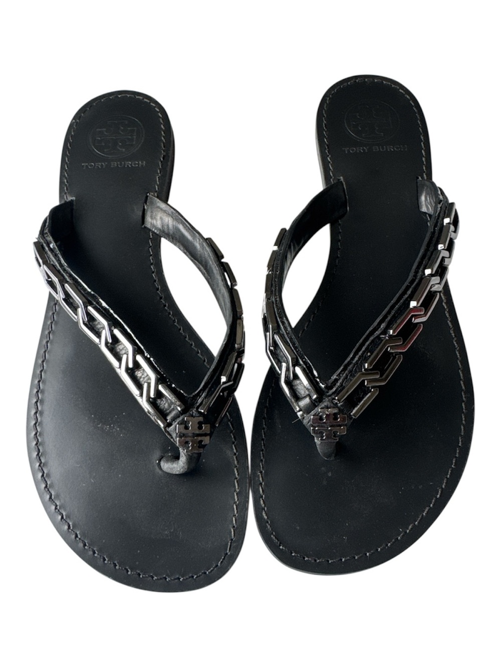 Tory Burch Black Leather Chain-Detail Thong Sandals